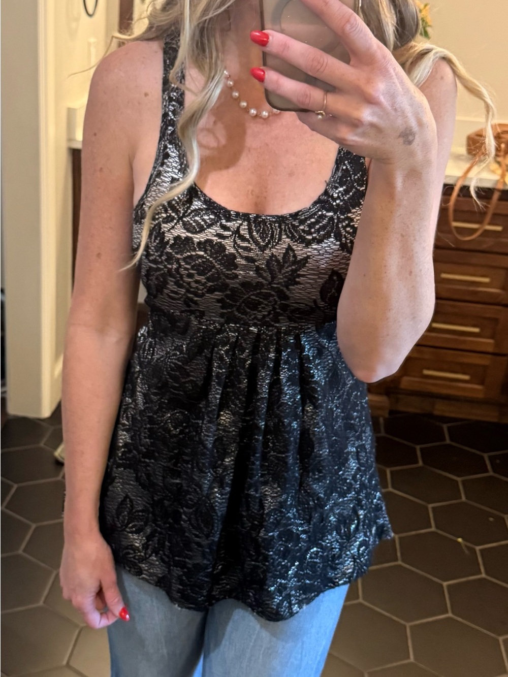 BKE Y2K Lace Babydoll Tank Top | Black & Silver Shimmer | XS